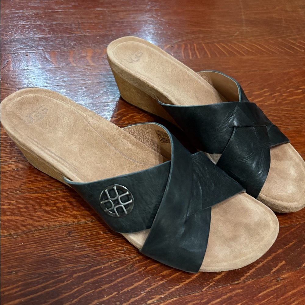 UGG Black Wedge Sandals with Crossed Straps